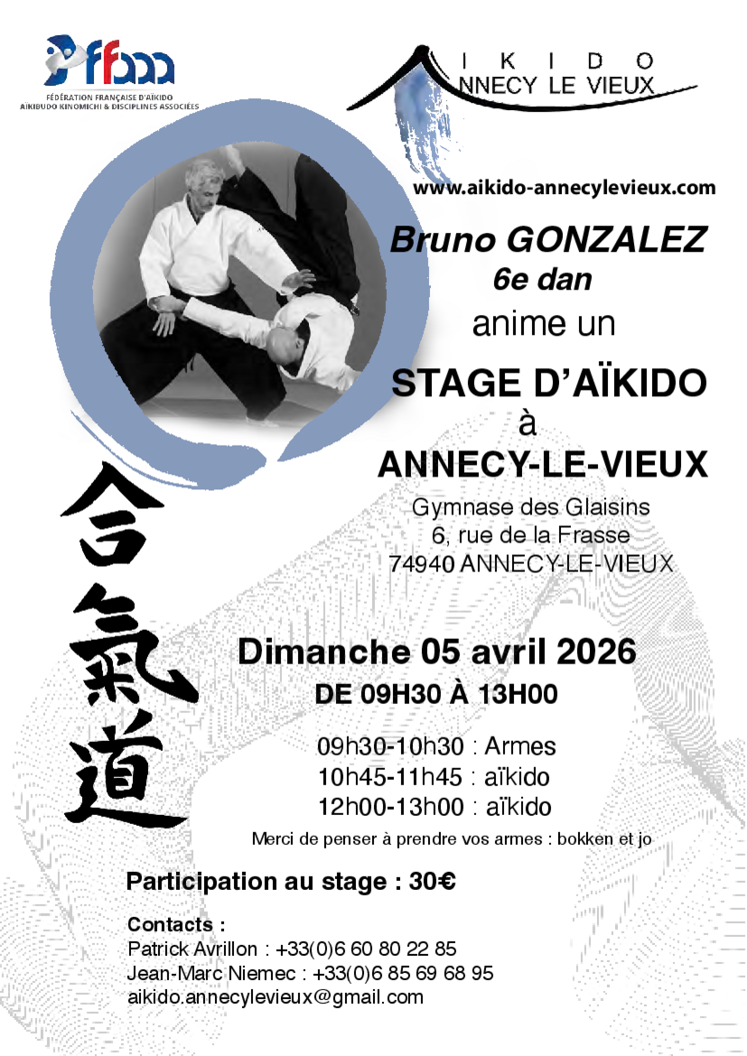 Affiche du Stage d'Aïkido à Annecy animé par Bruno Gonzalez le dimanche 5 avril 2026 Affiche du Stage d'Aïkido à Annecy animé par Bruno Gonzalez le dimanche 5 avril 2026