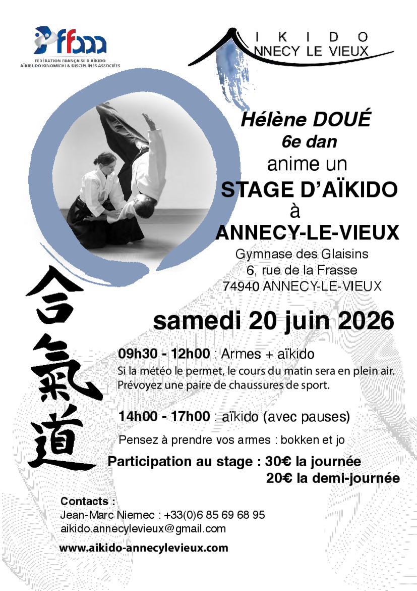 Affiche du Stage d'Aïkido à Annecy animé par Hélène Doué le samedi 20 juin 2026