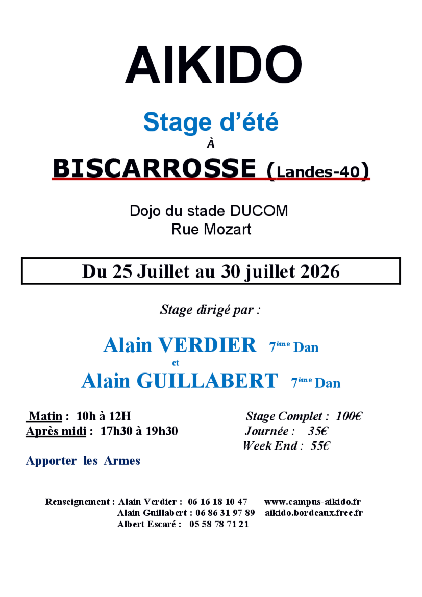 Affiche du Stage d'Aïkido à Biscarrosse animé par Alain Verdier et Alain Guillabert du samedi 25 juillet 2026 au jeudi 30 juillet 2026
