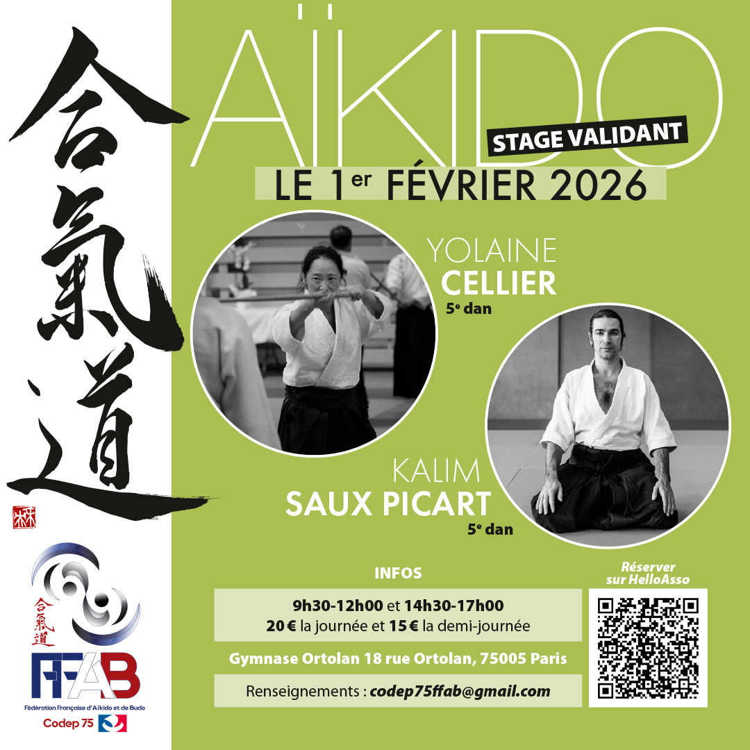 Affiche du Stage d'Aïkido à Paris animé par Yolaine Cellier et Kalim SAUX PICART le dimanche 1 février 2026 Affiche du Stage d'Aïkido à Paris animé par Yolaine Cellier et Kalim SAUX PICART le dimanche 1 février 2026