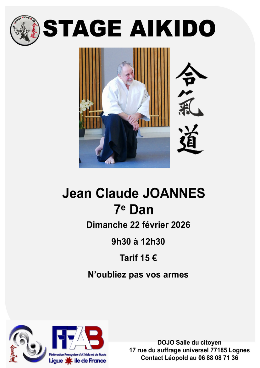 Affiche du Stage d'Aïkido à Lognes animé par Jean-Claude Joannes le dimanche 22 février 2026