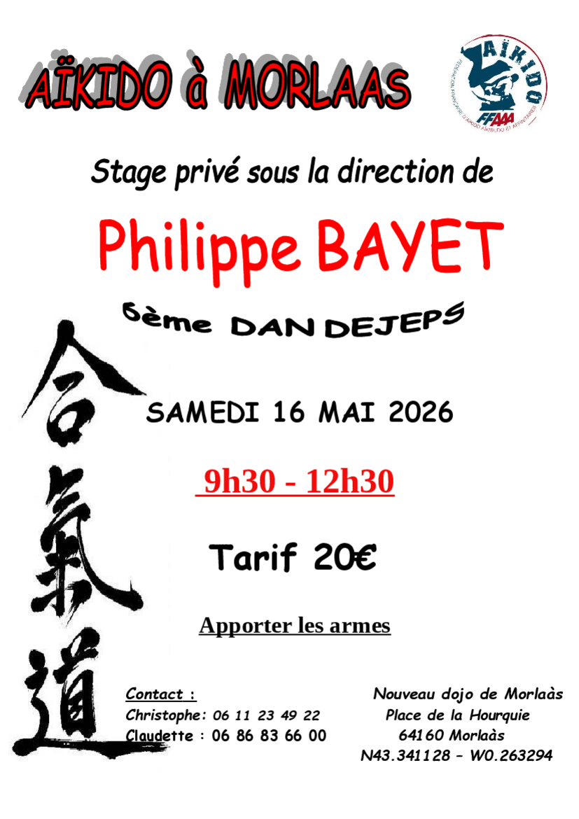 Affiche du Stage d'Aïkido à Morlaàs animé par Philippe  Bayet le samedi 16 mai 2026