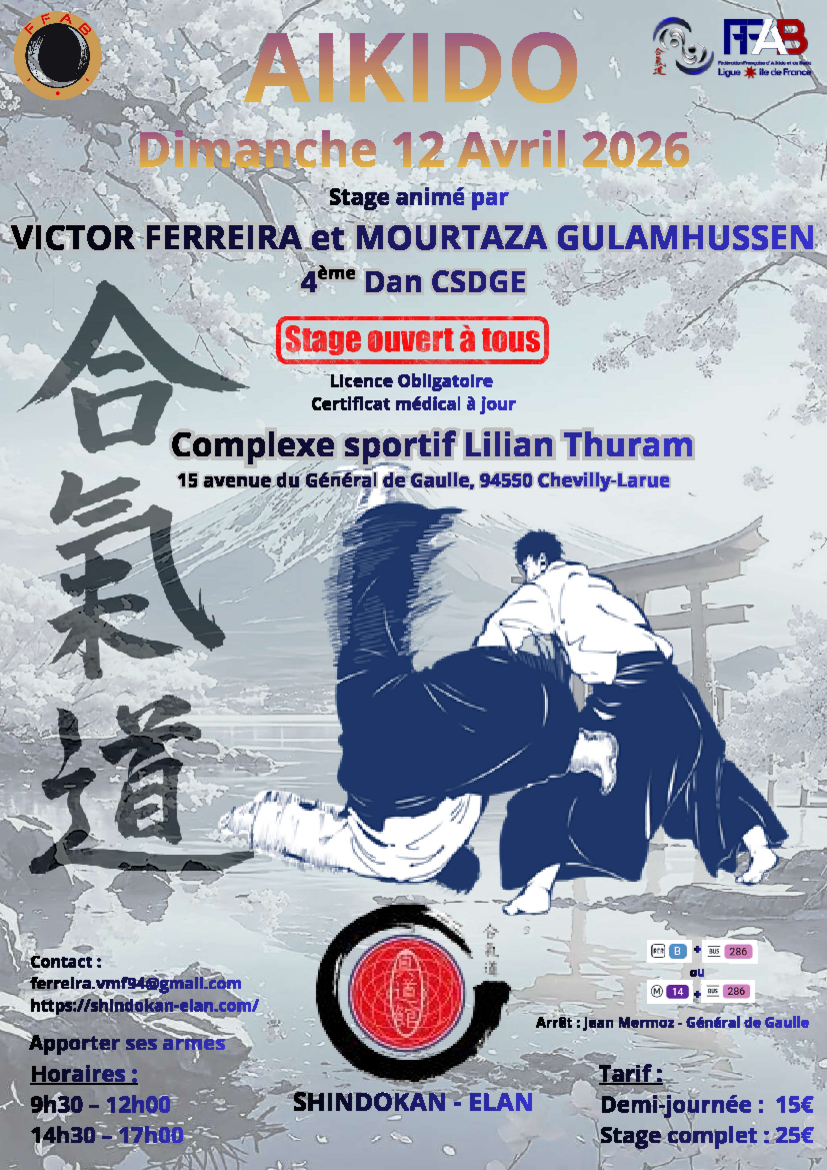 Affiche du Stage d'Aïkido à Chevilly-Larue animé par Mourtaza Gulamhussen et Victor Ferreira le dimanche 12 avril 2026