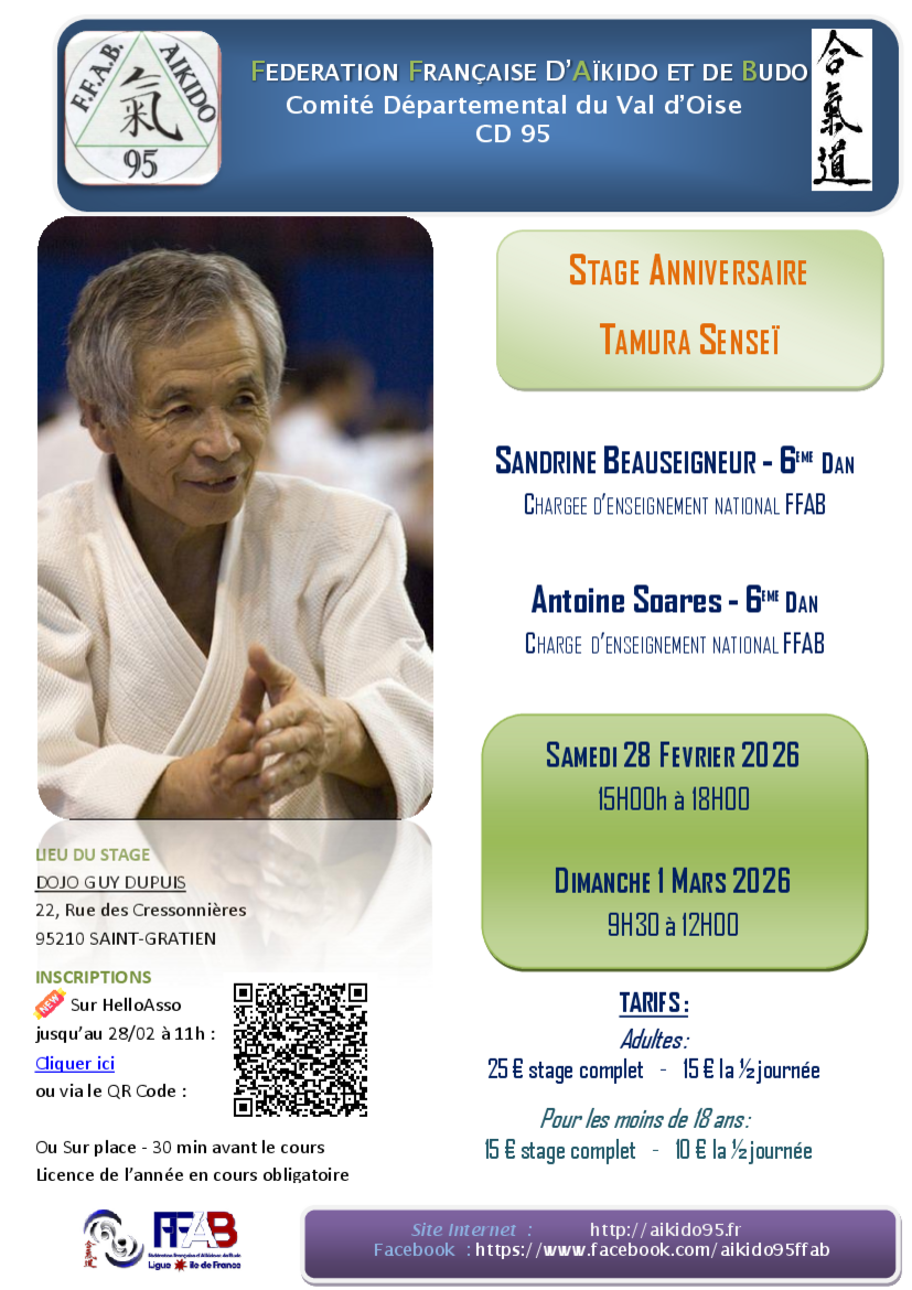 Affiche du Stage d'Aïkido à Saint-Gratien animé par Sandrine Beauseigneur et Antoine Soares du samedi 28 février 2026 au dimanche 1 mars 2026